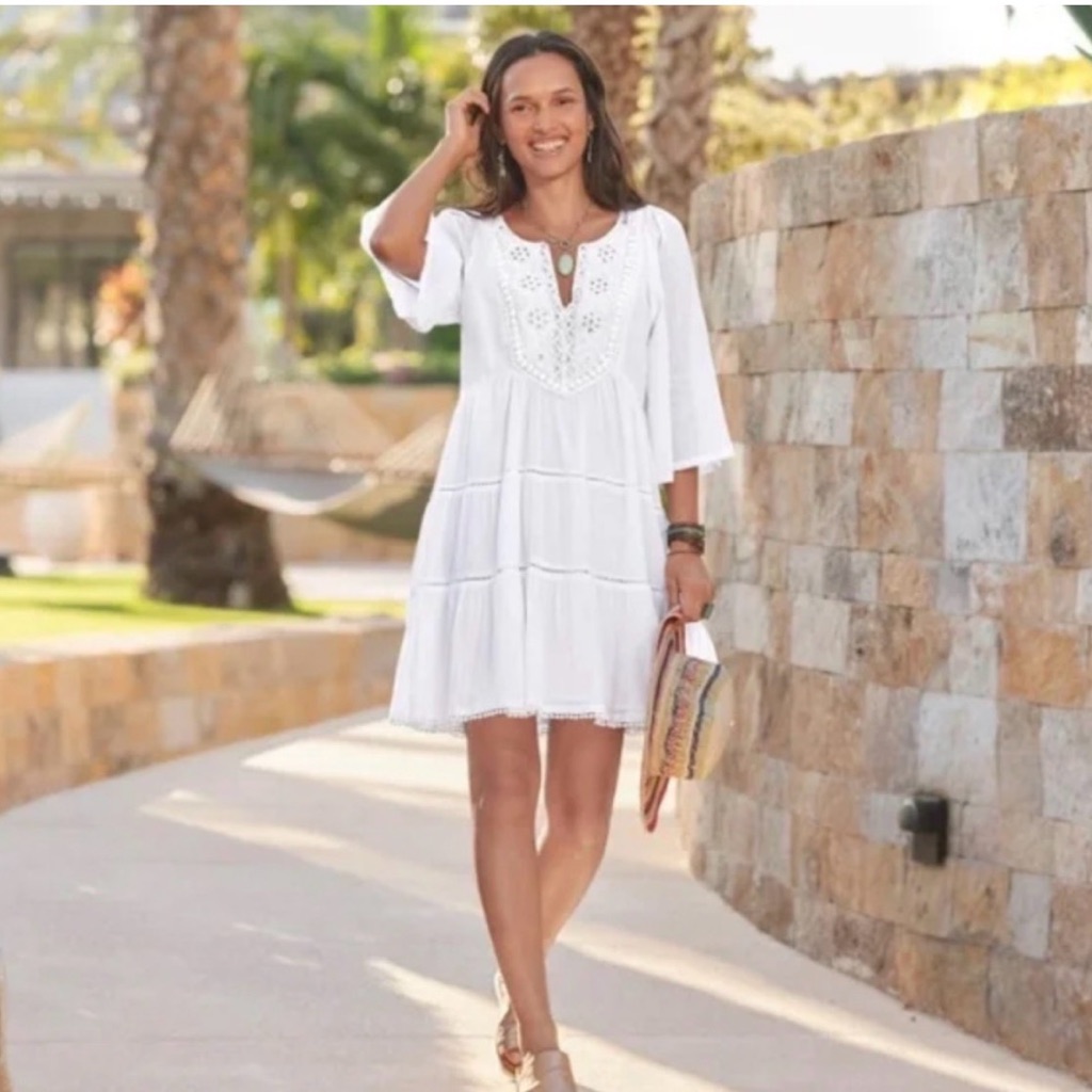 Sundance Sahara White Cotton Crochet Beaded Brocade Gauze Tiered Dress Medium